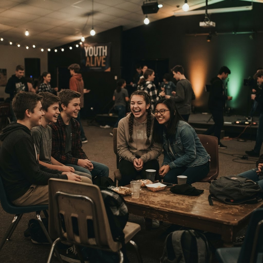 Students laughing together during a Hope Youth gathering at Hope House Church