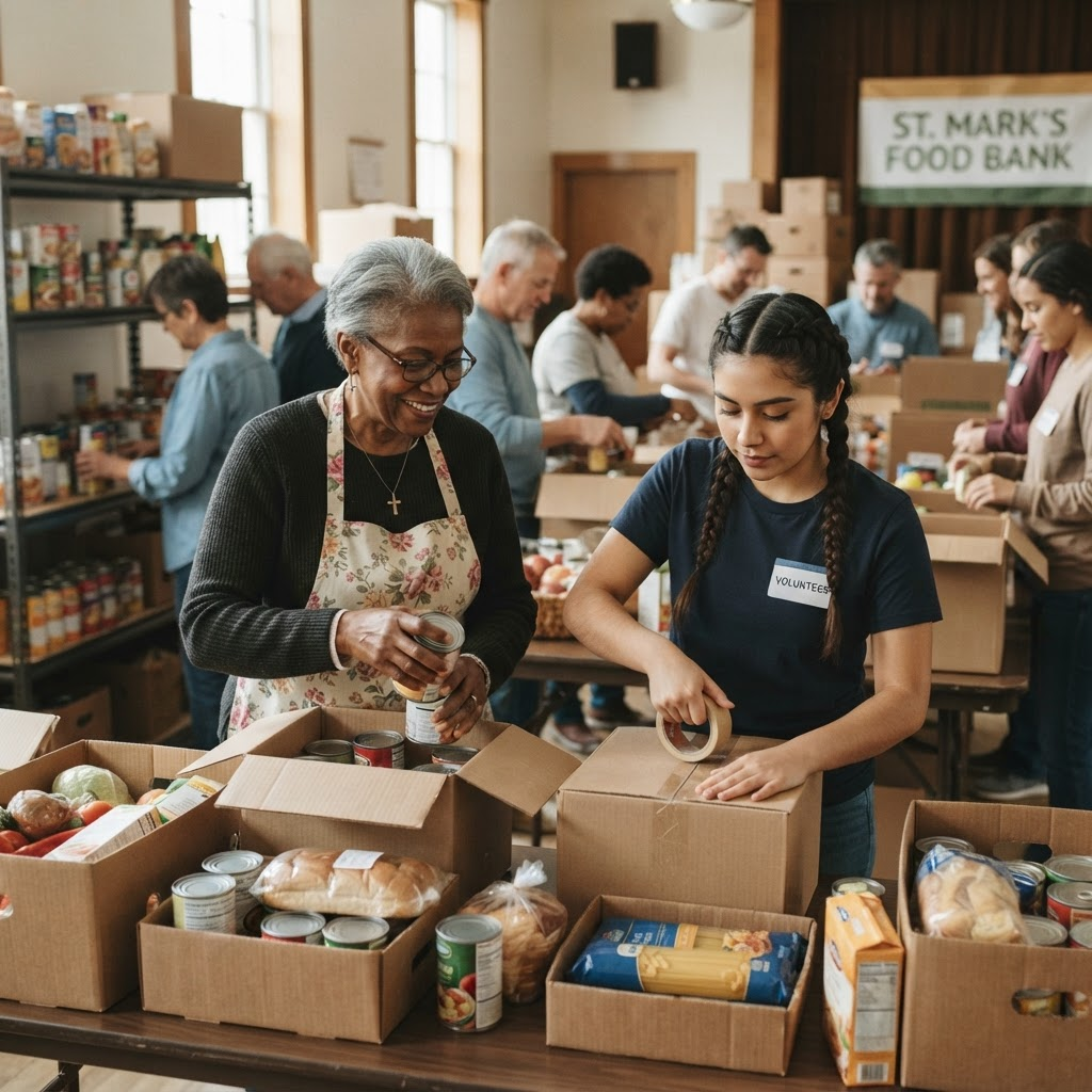 Volunteers packing food and supplies to serve the community through Hope House Church