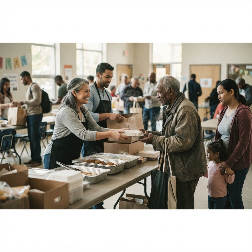 Volunteers serving warm meals to the community through Hope House Church outreach